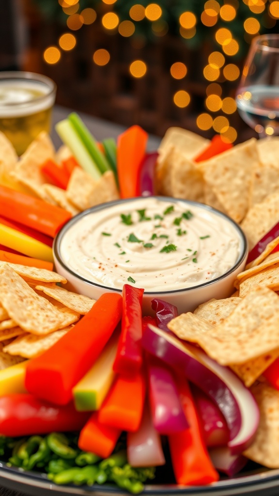 A colorful platter of appetizers with a creamy dip and vegetable sticks on a rustic table.
